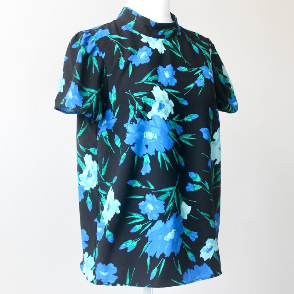 J. Crew Blue Black Floral Short-Sleeve Mock-Neck Whimsigoth Blouse Extra Small - Picture 2 of 10